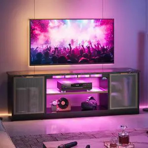Bestier Gaming TV Stand with Music Sync Light, Flow Vibe Entertainment Center with Storage for PS5 Xbox, RGB LED Party Modes Television Stands for 50/55/60/65 inch TV (Black Marble, 57 inch)