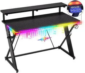 RSPGAME Basic 43" Music Sync LED Gaming Desk with Dynamic Color-Changing & Racing Gear Style, X-Shape Ergonomic Monitor Stand Computer Desk with Cup Holder and Headset Hanger, Black