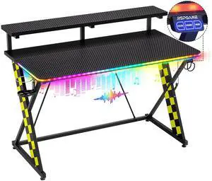 RSPGAME Basic 43" Music Sync LED Gaming Desk with Dynamic Color-Changing & Racing Gear Style, X-Shape Ergonomic Monitor Stand Computer Desk with Cup Holder and Headset Hanger, Black & Yellow