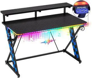 RSPGAME Basic 43" Music Sync LED Gaming Desk with Dynamic Color-Changing & Racing Gear Style, X-Shape Ergonomic Monitor Stand Computer Desk with Cup Holder and Headset Hanger, Black & Blue