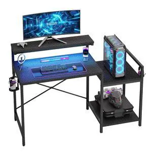 48'' Gaming Desk LED Lights Computer Desk with Monitor Stand and Hook Storage Shelf, PC Gaming Table for Home Office Black 3D Carbon Fiber 48'' Gaming Desk LED Lights Computer Desk with Monitor Stand and Hook Storage Shelf, PC Gaming Table for Home Office Black 3D Carbon Fiber