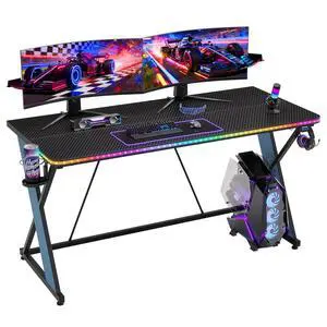 55'' Gaming Desk with LED Lights, X-Shaped Frame Computer Desk with Hook Cup Holder & Side Bag, Desk Gamer for Home Office - 55'' Gaming Desk with LED Lights, X-Shaped Frame Computer Desk with Hook Cup Holder & Side Bag, Desk Gamer for Home Office -