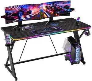 55'' Gaming Desk with LED Lights, X-Shaped Frame Computer Desk with Hook Cup Holder & Side Bag, Desk Gamer for Home Office - Black 3D Carbon Fiber 55'' Gaming Desk with LED Lights, X-Shaped Frame Computer Desk with Hook Cup Holder & Side Bag, Desk Gamer for Home Office - Black 3D Carbon Fiber