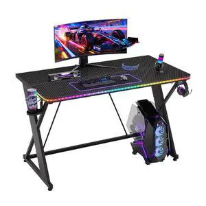 43'' Gaming Desk with LED Lights, X-Shaped Frame Computer Desk with Hook Cup Holder & Side Bag, Desk Gamer for Home Office Black 3D Carbon Fiber 43'' Gaming Desk with LED Lights, X-Shaped Frame Computer Desk with Hook Cup Holder & Side Bag, Desk Gamer for Home Office Black 3D Carbon Fiber