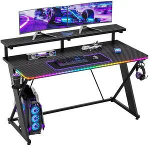 47" RGB Gaming Desk with Monitor Stand, Cup Holder & Headphone Hook Black 3D Carbon Fiber 47" RGB Gaming Desk with Monitor Stand, Cup Holder & Headphone Hook Black 3D Carbon Fiber