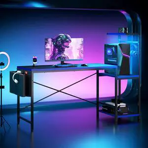 60'' Gaming Desk with Monitor Shelf & Storage Drawer, Ergonomic LED Lights Computer Desk for Home Office 60'' Gaming Desk with Monitor Shelf & Storage Drawer, Ergonomic LED Lights Computer Desk for Home Office