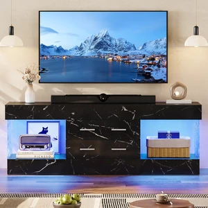 60 inch W Marble TV Stand for TVs up to 65", Modern High Gloss Entertainment Center for TVs with LED Light and Storage Drawers, Black Marble Glossy PU Paper 60 inch W Marble TV Stand for TVs up to 65", Modern High Gloss Entertainment Center for TVs with LED Light and Storage Drawers, Black Marble Glossy PU Paper