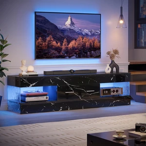 60 inch W TV Stand for TVs up to 65", Modern Entertainment Center for TVs with LED Light and Storage Drawers Black Marble Glossy PU Paper 60 inch W TV Stand for TVs up to 65", Modern Entertainment Center for TVs with LED Light and Storage Drawers Black Marble Glossy PU Paper