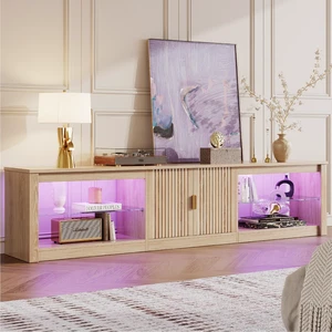 80 inch TV Stand for TVs up to 85", High Gloss Entertainment Center with LED Lights & Storage Cabinet, Modern Fluted TV Console Natual Oak 80 inch TV Stand for TVs up to 85", High Gloss Entertainment Center with LED Lights & Storage Cabinet, Modern Fluted TV Console Natual Oak