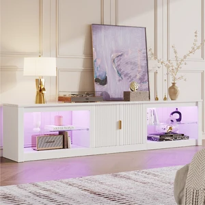 80 inch TV Stand for TVs up to 85", High Gloss Entertainment Center with LED Lights & Storage Cabinet, Modern Fluted TV Console Bright White 80 inch TV Stand for TVs up to 85", High Gloss Entertainment Center with LED Lights & Storage Cabinet, Modern Fluted TV Console Bright White