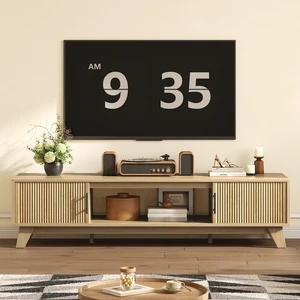 Fluted TV Stand for 75" TV, Modern Entertainment Center with Storage Cabinet & Open Shelf, Modern Media Console with Cord Management Natual Oak Fluted TV Stand for 75" TV, Modern Entertainment Center with Storage Cabinet & Open Shelf, Modern Media Console with Cord Management Natual Oak