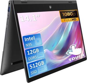 Auusda Touch Screen Laptop 14.1" 2-in-1 Computer, 12GB DDR5 RAM, 512GB NVMe SSD, Intel N95 Processor Up to 3.40 GHz, Fingerprint Unlock, Backlit Keyboard, Windows 11 Pro, Grey
