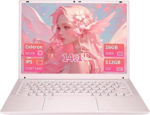 Auusda 14.1" Windows 11 Pro Laptop, 16GB RAM 512GB SSD, Intel Celeron N5105 CPU Home Computer, 2K Display Screen, Backlight, Fingerprint, Webcam Switch, Type-C, Pink