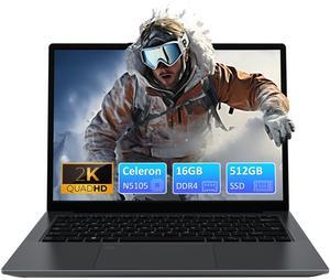 Auusda 14.1" Windows 11 Pro Laptop, 16GB RAM 512GB SSD, Intel Celeron N5105 CPU Home Computer, 2K Display Screen, Backlight, Fingerprint, Webcam Switch, 3×USB, Type-C, Gray