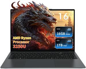 Auusda 16" Business Laptop, Windows 11 Pro Laptop Computer, AMD Ryzen 3250U, 16GB RAM 1TB SSD, Backlight Keyboard, Fingerprint Reader, Webcam Switchprotect, USB-C, Gray