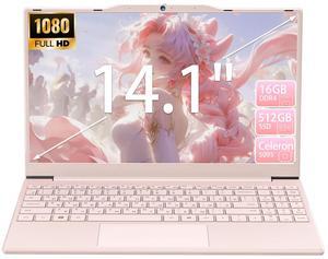 Auusda 14.1" Windows 11 Pro Laptop, 16GB RAM 512GB SSD, Intel Celeron N5095 CPU Home Computer, Webcam Switch, Pink