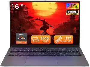 Auusda 16" Gaming Laptop w/AMD Ryzen 7 7840HS 3.8-5.1GHz, 32GB DDR5 RAM(Dual Channel), 2TB NVMe SSD(Slot*2), Windows 11 Pro Laptop Computer w/Office 2024, Backlit, Fingerprint, Webcam Switch