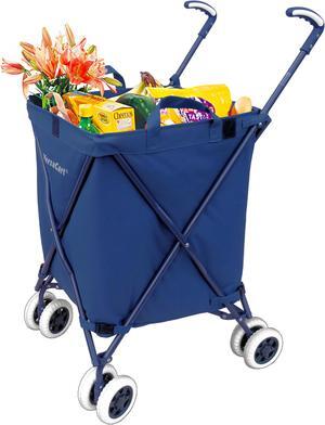 VersaCart Transit -The Original Patented Folding Shopping and Utility Cart, Water-Resistant Heavy-Duty Canvas with Cover, Double Front Swivel Wheels, Compact Folding, Transport Up to 120 Pounds, Blue