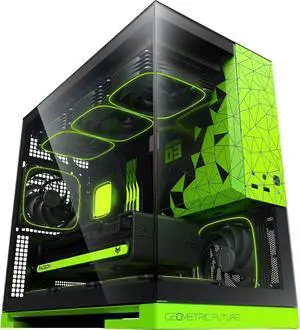 Geometric Future Model 3 Panoramic Tempered Glass Dual Chamber Micro-ATX Tower PC Case, 5 Pre-Installed 120mm x 30mm PWM ARGB Fans, USB Type-C, 360mm Radiator Support, Black/Green, GEO-M3F-BNV Geometric Future Model 3 Panoramic Tempered Glass Dual Chamber Micro-ATX Tower PC Case, 5 Pre-Installed 120mm x 30mm PWM ARGB Fans, USB Type-C, 360mm Radiator Support, Black/Green, GEO-M3F-BNV