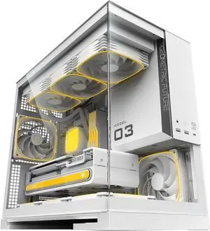 Geometric Future Model 3 Panoramic Tempered Glass Dual Chamber Micro-ATX Tower PC Case, 5 Pre-Installed 120mm x 30mm PWM ARGB Fans, USB Type-C, 360mm Radiator Support, White, GEO-M3F-W Geometric Future Model 3 Panoramic Tempered Glass Dual Chamber Micro-ATX Tower PC Case, 5 Pre-Installed 120mm x 30mm PWM ARGB Fans, USB Type-C, 360mm Radiator Support, White, GEO-M3F-W