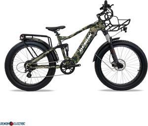 Demon Electric Blacktail 750W 26-in Fat-Tire Hunting Electric Bike, 50-60km Battery Range (16.75Ah), Full Suspension, Hydraulic Brakes, Front Rack, SHIMANO 7 Speed Gear - Camo