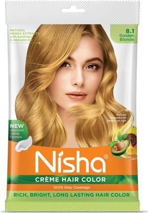 Nisha Cream Hair Color Rich Bright Long Lasting Hair Colouring For Ultra Soft Deep Shine 100% Grey Coverage Conditioning With Natural Herbs 50gm Golden Blonde (Pack of 1)
