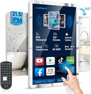 Leotachi [External Antenna/Dual Interface] 21.5" Smart Touch Screen Mirror TV for Bathroom with Android 11.0, IP66 Waterproof, 360° Rotation, Built-in WiFi,LAN,USB,Bluetooth,HDMI (Silver)