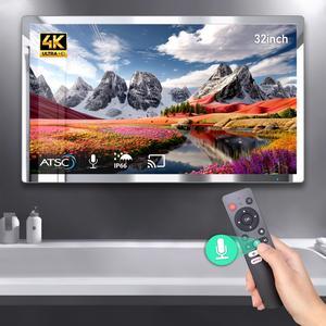 Leotachi 4K Ultra HD 32inch Highend Bathroom Mirror TV IP66 Waterproof Android TV Supports Voice Remote Control Google Assistant Builtin ATSC Tuner HDMI ARC SPDIF for an Immersive Experience
