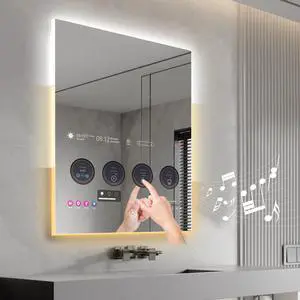 Leotachi 33" x 24" smart bathroom vanity waterproof mirror is equipped with an adjustable 3-color LED light strip and a built-in 21.5" touch screen Bluetooth, wifi, hdmi, Android 11