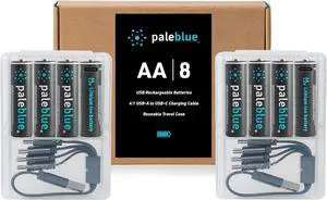 USB Rechargeable AA Batteries by Pale Blue, Lithium Ion 1.5v 1700 mAh, Charges 1.5 Hours, Over 1000 Cycles, 4-in-1 USB-A to USB-C Charging Cable, LED Charge Indicator, 12-Pack
