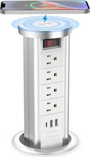 Pop Up Outlet for Countertop, Receptacle Power Strip with USB C & 4 AC Outlet, Pull Popup Outlet Recessed Power Socket with 10W Wireless Charger for Kitchen Conference Office