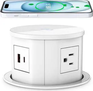 Pop Up Outlet for Countertop with 20W USB-C,4.7inch Pop Up Power Outlet,15W Wireless Charger,4 Outlets,1 USB-C,1 USB-A,Pop Up Electrical Outlet for Kitchen Conference Garage Workbench(White)