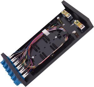 Single Mode Fiber Enclosure Kit, 12 Fiber Port LC OS1 Box, Included LC SM 12 Strand LC-UPC Pigtail Cable, 6 Duplex LGX Loaded Panel - Wall Mount for Enterprise, Home, Data Center Network Applications