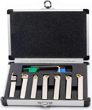 7 pcs/Set 3/8"Shank Heavy-Duty Indexable Lathe Turning Tool Holder,CNC Nickel Plated Metal Lathe Cutting Tools for Turning Grooving Threading with Tin Coated Carbide Inserts