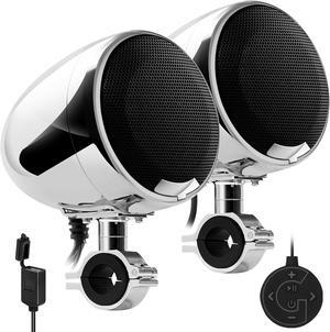 AN4-X All-in-One Built-in Amplifier 4.5" Full Range Waterproof Bluetooth Motorcycle Stereo Speakers Audio Amp System, 1 to 1-1/4" Ape-Hanger Handlebar Harley Custom Touring Cruiser Chrome