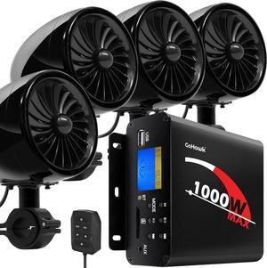 TJ4-Q 1000W 4 Channel Amplifier 4" Full Range Waterproof Bluetooth Motorcycle Stereo Speakers Audio System AUX USB SD Radio for 1-1.5" Handlebar Harley Touring Cruiser ATV