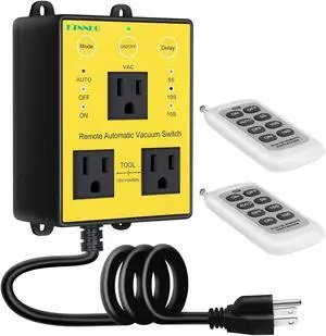 120V Remote Vacuum Switch with Extra Outlet, KTNNKG Dust Collector Wireless Switch, Autoswitch Time Delay Vacuum On/Off Switch with 2 Remotes