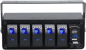 5 Gang Rocker Switch Panel with 4.8 Amp Dual USB Fast Charger w/Voltmeter, Blue Backlit Led, Pre-Wired All in Surface Mount Box Enclosure.