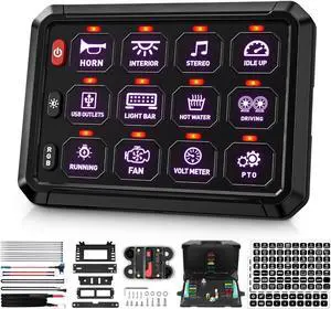 BUMBEE RGB 12 Gang Switch Panel Multifunction 3 Silicone Button Momentary Strobe ON-Off Circuit Control Relay LED Toggle Switch Box Universal for Golf Cart Car Truck RV Offroad Marine