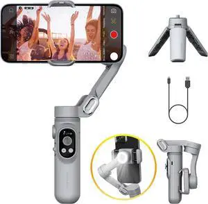 Gimbal Stabilizer for Smartphone w/LED Light Face Tracking Inception Timelapse Handheld Foldable 3-Axis Gimble for iPhone 15 14 13 12 11 Pro Max Android Galaxy S23 YouTube TikTok Vlog Smart X