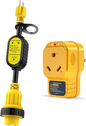 15 Amp to 30 Amp Adapter with Locking Connector + 30 Amp RV Surge Protector Circuit Analyzer Power Guard with Surge Protection for Camper Travel Trailer