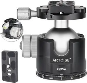 Low Profile Ball Head Unique 54mm Ball 360 Panoramic Tripod head CNC Aluminium Alloy Metal Ball-head Arca Swiss Quick Release Plate Max Loading 77lbs/35kg