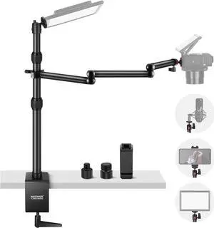 Upgraded Overhead Camera Rig with Trifold Camera Boom Arm (Max Load 2lb), 47"/1.2m Telescopic Desk Mount Stand (Max Load 8.8lb) with Phone Clamp Ball Head for LED Light Webcam Mic, TL253A+MH022