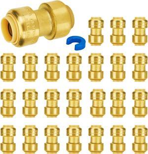 Plumbing Fitting 1/2 Inch, No Lead Brass Push Pex Fittings, Pushfit Plumbing Fittings 1/2" Coupling, Push to Connect Fittings for Pex, Copper, CPVC, with 1 Disconnect Clip, Pack of 25