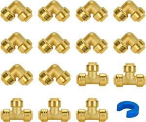 Plumbing Fittings 1/2 Inch, Coupling(10 PCS), 90 Degree Elbow Fitting(10 PCS), Tee Fitting5 PCS), No Lead Brass Push Fittings 1/2 Inch for Pex,Copper,CPVC, with 1 Disconnect Clip, Pack of 25