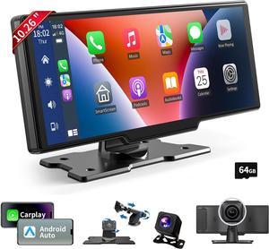Wireless Portable Carplay Screen for Car, 10.26" HD IPS Carplay and Android Auto Screen, Car Touch Screen with 4K Dash Cam, Car Audio Receivers with Backup Camera, GPS Navigation, Voice Control