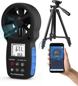 Handheld Anemometer Bluetooth with Tripod, Digital Wind Speed Gauge Meter, Air Flow Velocity Temperature CFM Measuring Device for HVAC Outdoor Sailing Shooting Golf, 866B-APP