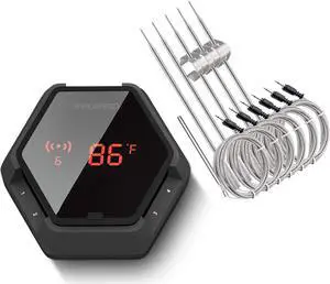 Bluetooth BBQ Thermometer Wireless IBT-6XS, 6 Probes Digital Smoker Grill Thermometer for Cooking,150ft Bluetooth Meat Thermometer, Magnet, Timer, Alarm for Kitchen, Food (Black)