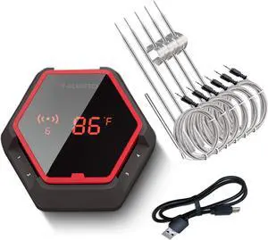 Bluetooth BBQ Thermometer Wireless IBT-6XS, 6 Probes Digital Smoker Grill Thermometer for Cooking,150ft Bluetooth Meat Thermometer, Magnet, Timer, Alarm for Kitchen, Food (Red)