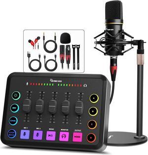 Podcast Equipment Bundle for 2, Audio Interface with XLR Condenser Microphone, and 3.5mm Mic,RGB, Bluetooth, Mute,48V Phantom Power for Streaming,Gaming,Recording-Black
